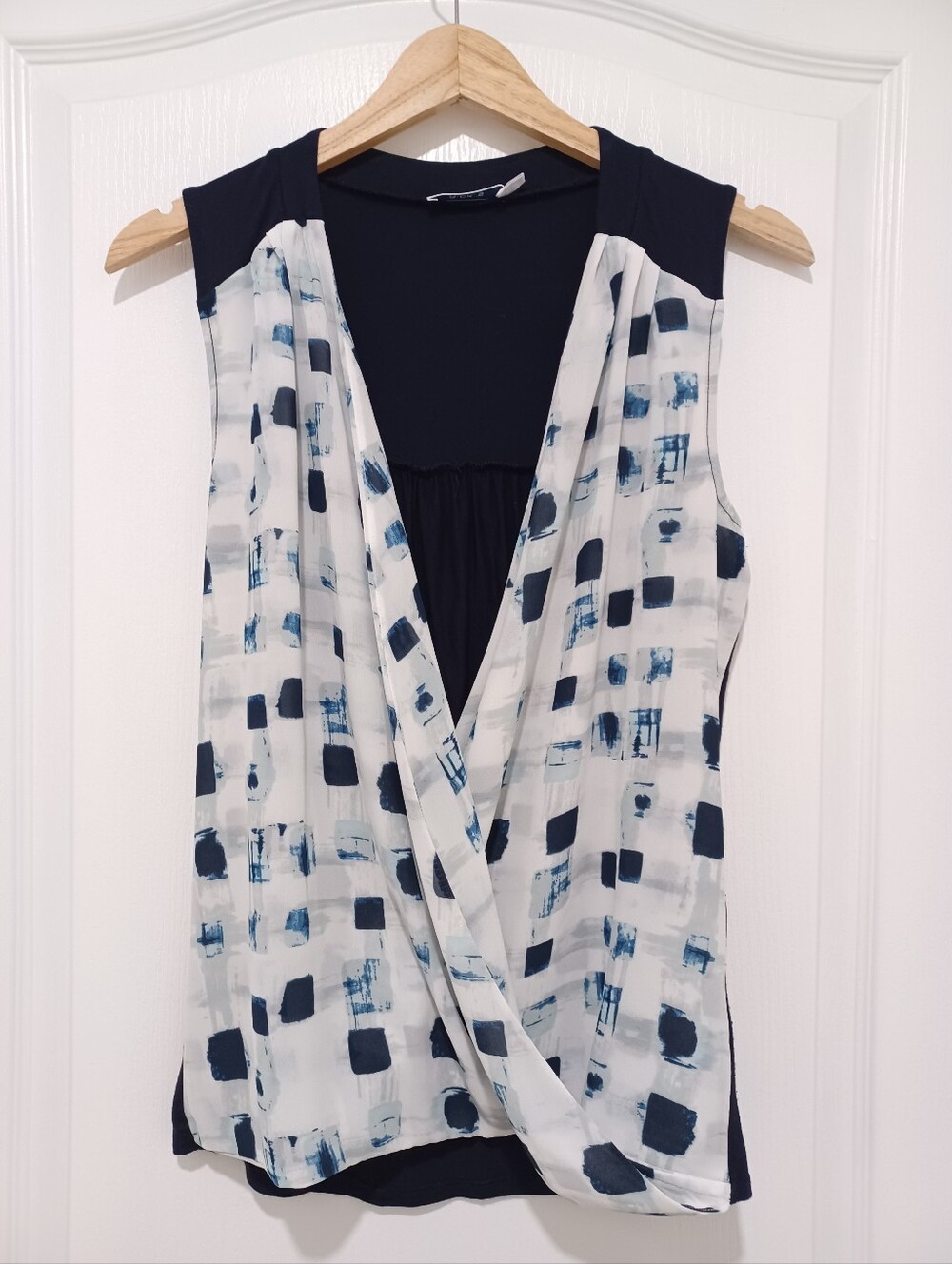 Navy & White Sleeveless Printed Wrap Blouse